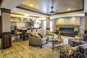 Victoria park community room with fireplace and kitchen